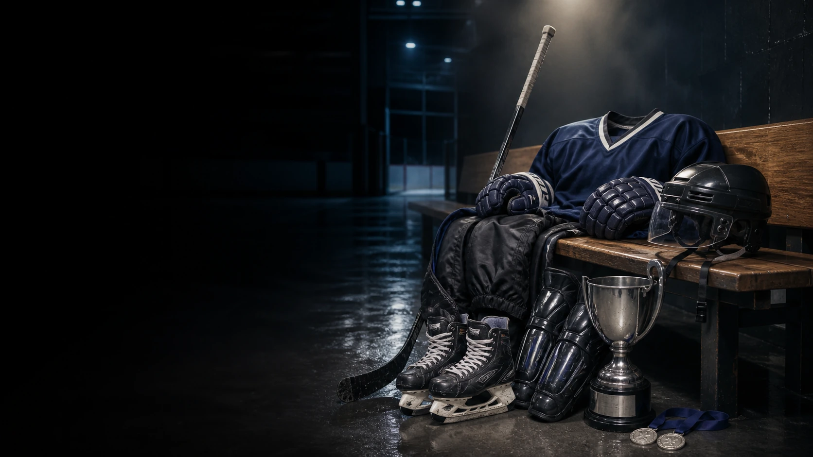 Unbranded championship hockey equipment beside a generic trophy and winner medals under an arena spotlight
