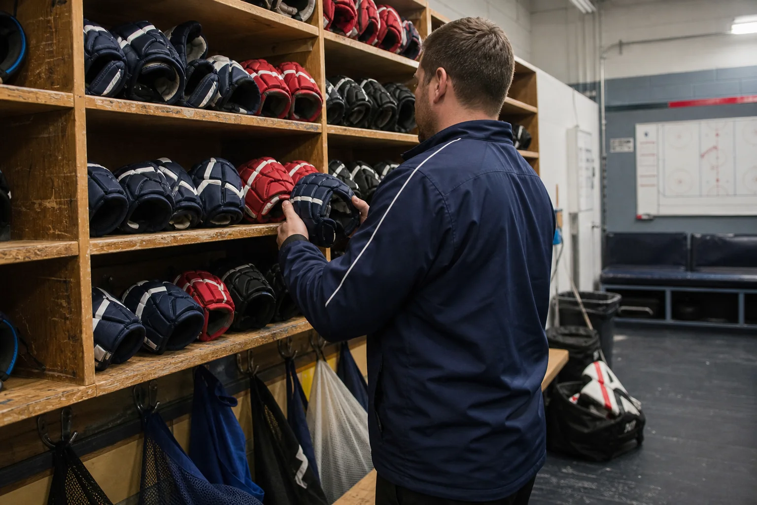 Hockey equipment manager organizing team gloves by size and color