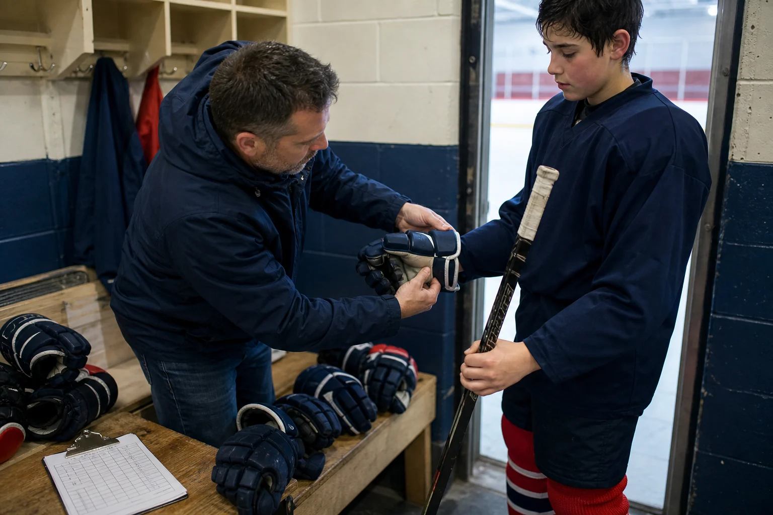 Equipment manager checking hockey glove sizing on a youth player