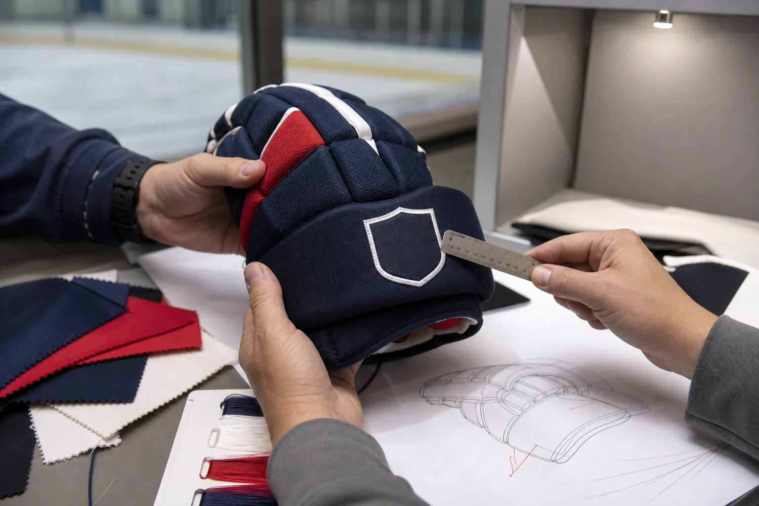 Custom hockey glove logo placement and color approval on a worktable