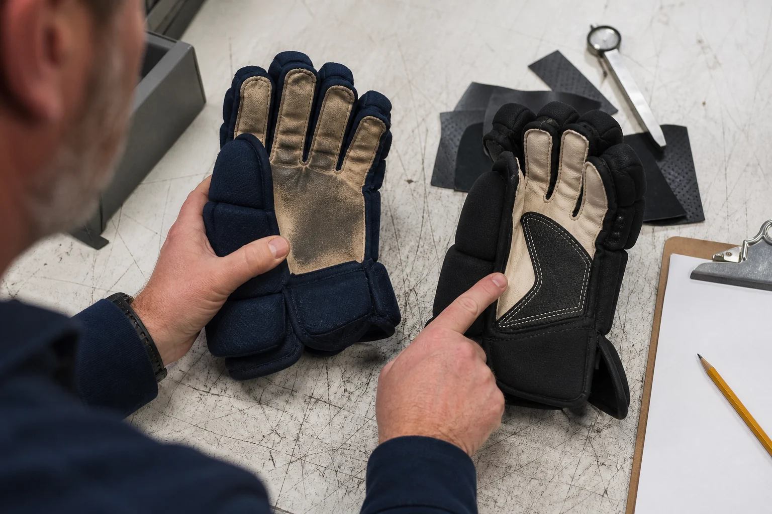 Worn hockey glove palm compared with a reinforced development sample