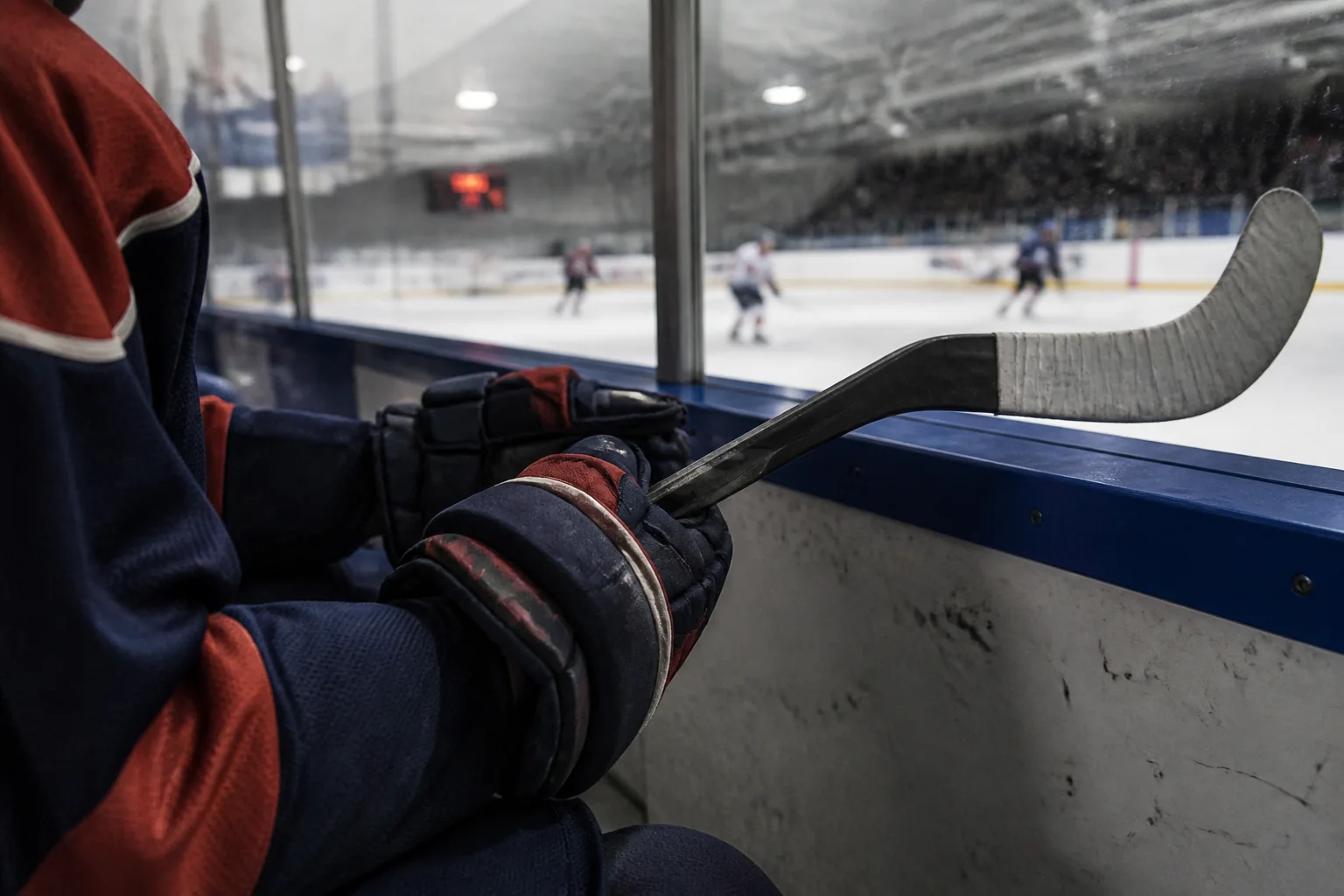 Hockey players on a team bench during a game