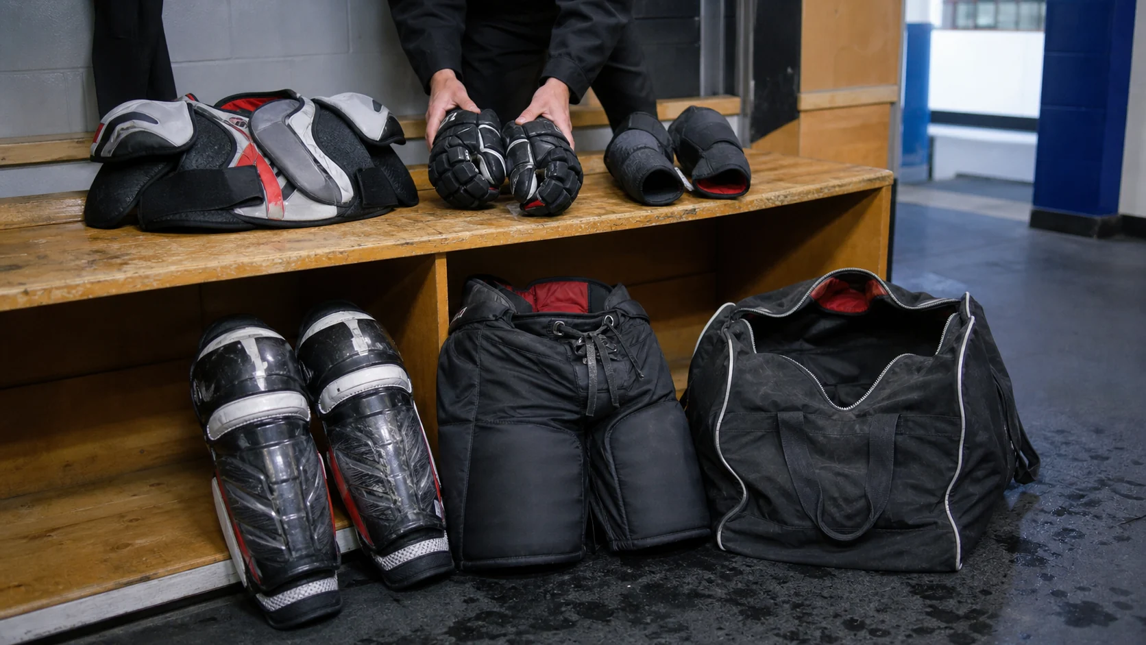 Hockey protective equipment organized in a rink locker room