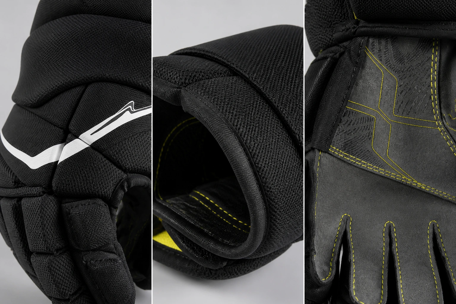 Glove backhand, cuff and palm construction details