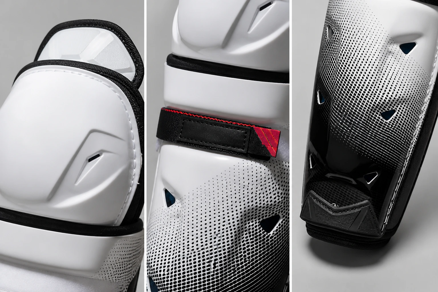 Shin guard knee, retention and shell construction details