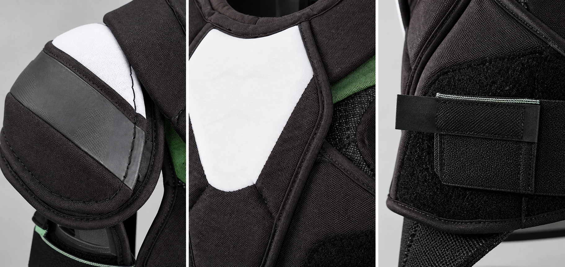 Shoulder cap, chest and fastening construction details