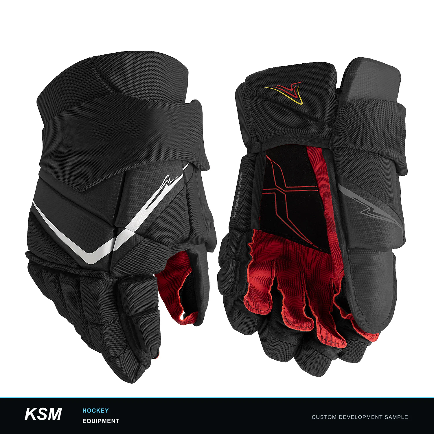 Black and red custom hockey glove development sample