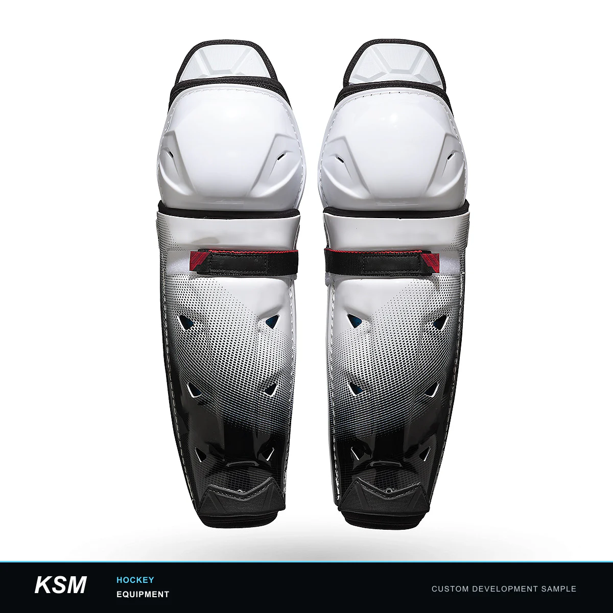 White and black custom hockey shin guard development sample